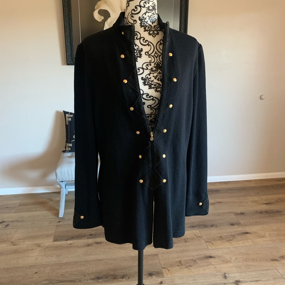 St. John Military Style Sweater with Suede Details